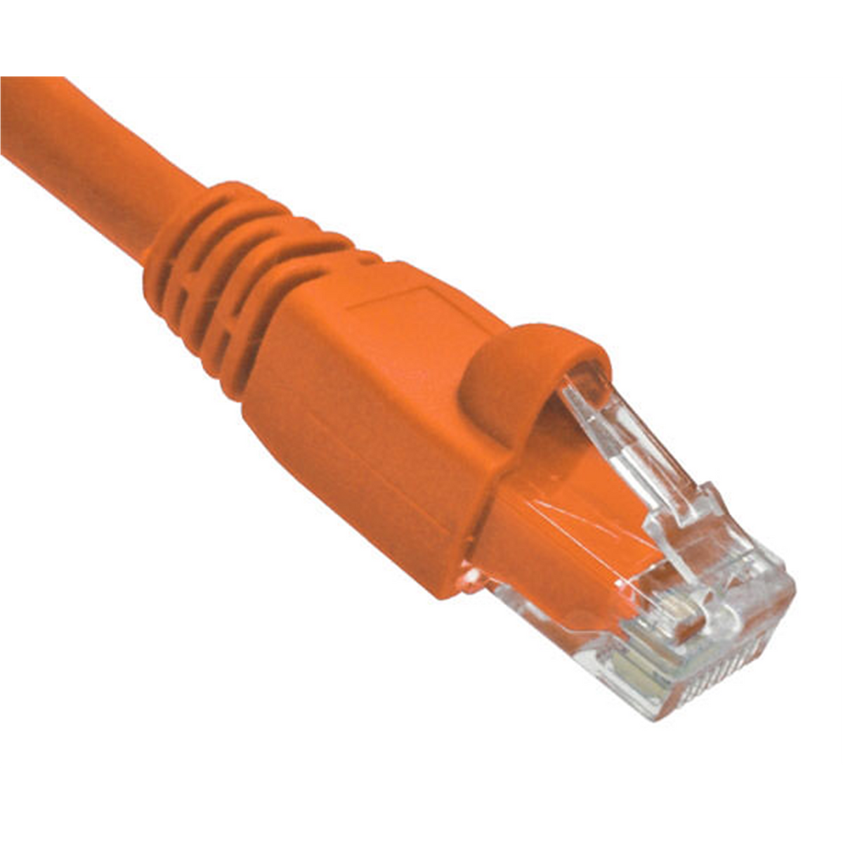 Orange Cat6A Ethernet cable with clear connector on a white background