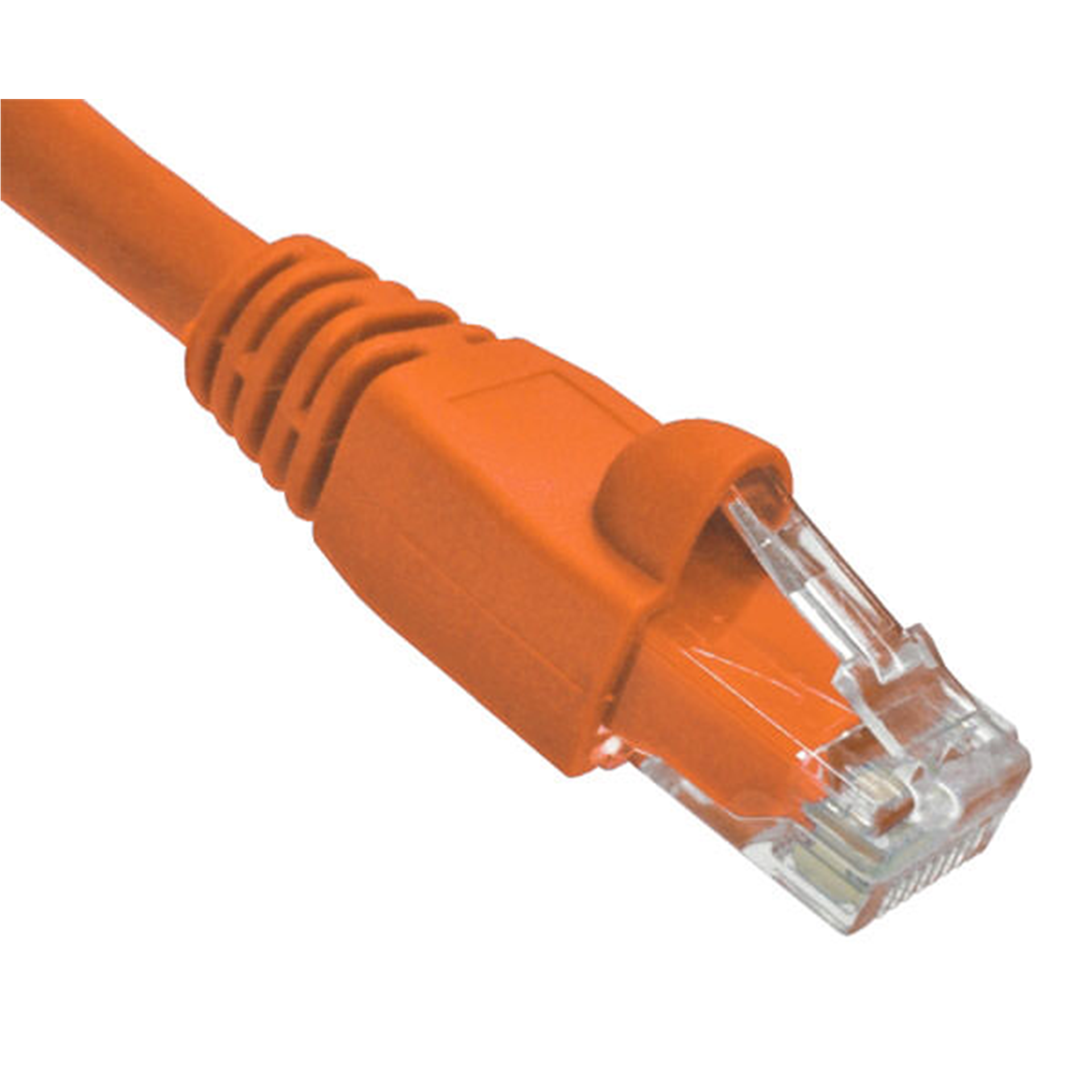 Orange Cat6A Ethernet cable with clear connector on a white background