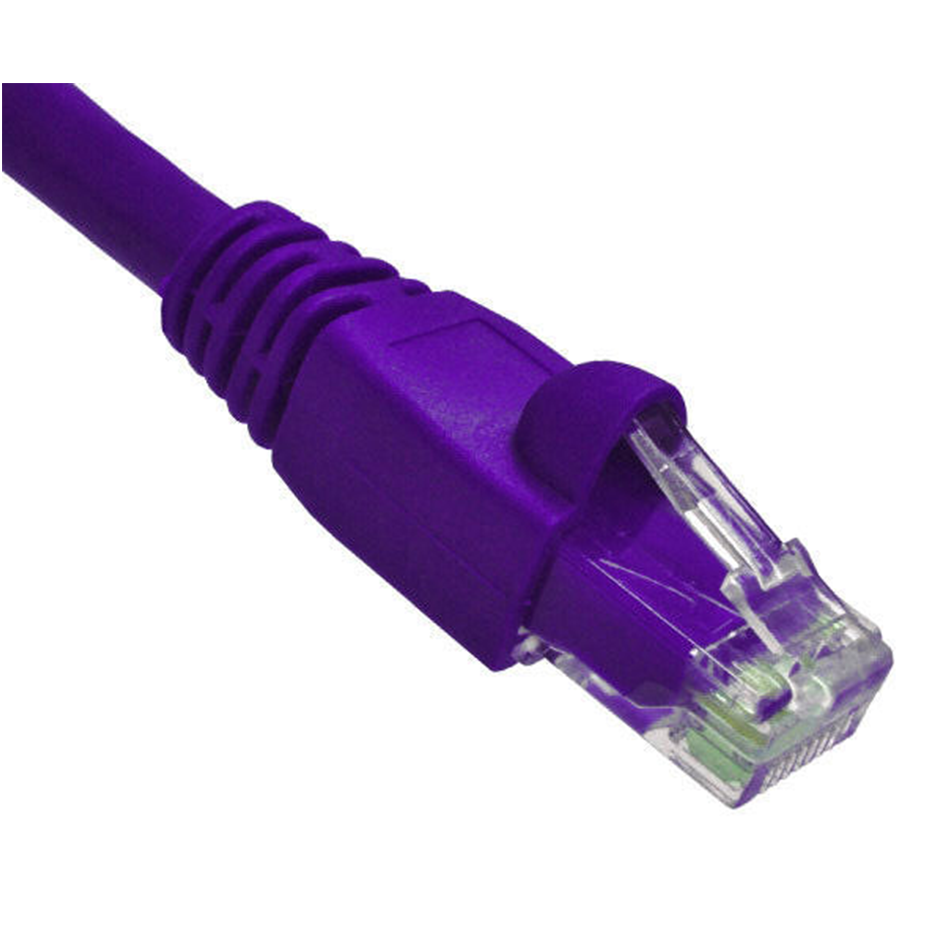 Purple Cat6A Ethernet cable with clear connector on a white background