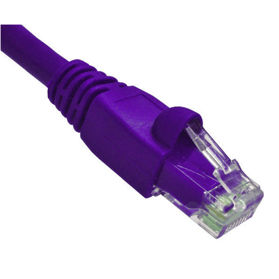 Purple Cat6A Ethernet cable with clear connector on a white background