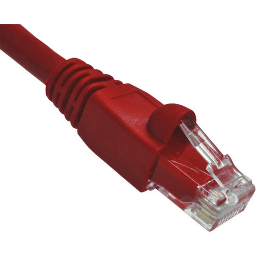 Red Cat6A Ethernet cable with clear connector on a white background