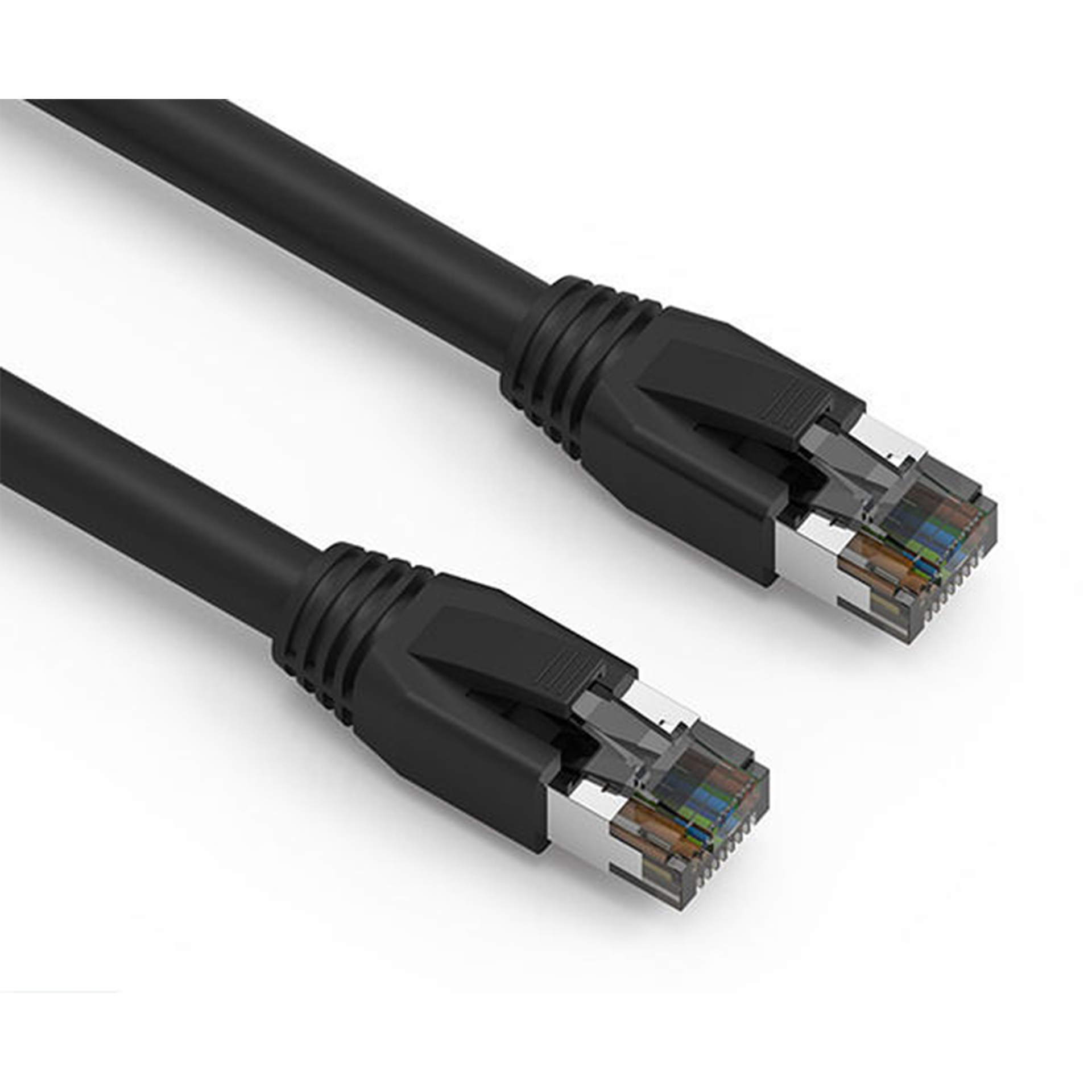 Two Cat8 black Ethernet cables on a white background