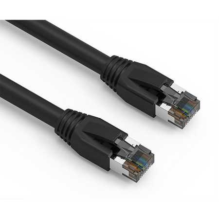 Two Cat8 black Ethernet cables on a white background