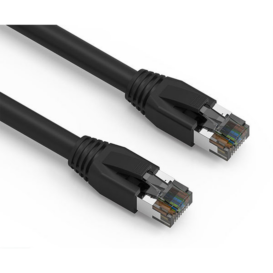 Two Cat8 black Ethernet cables on a white background