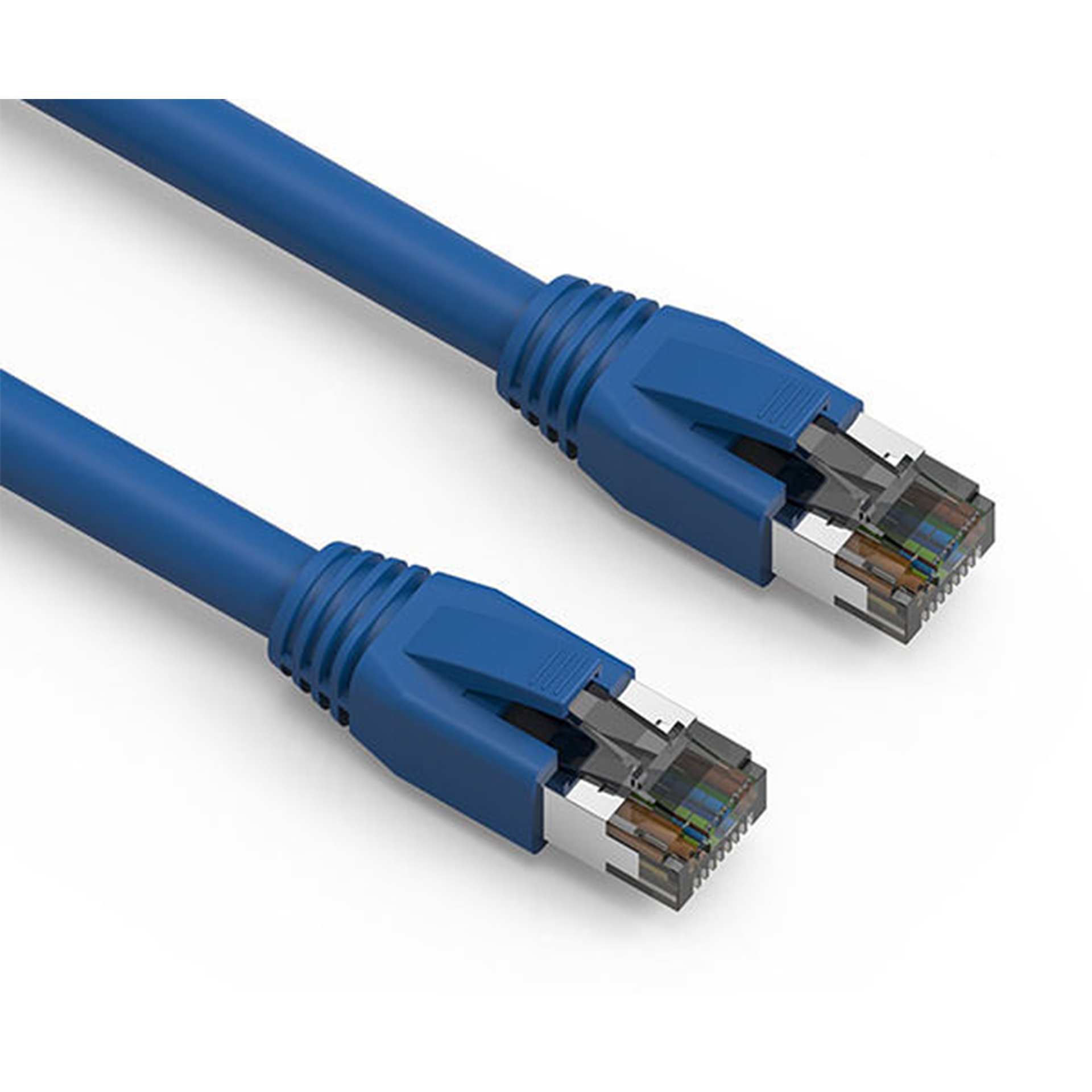 Two blue Cat8 Ethernet cables on a white background