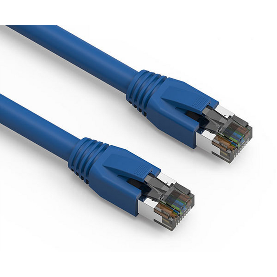 Two blue Cat8 Ethernet cables on a white background