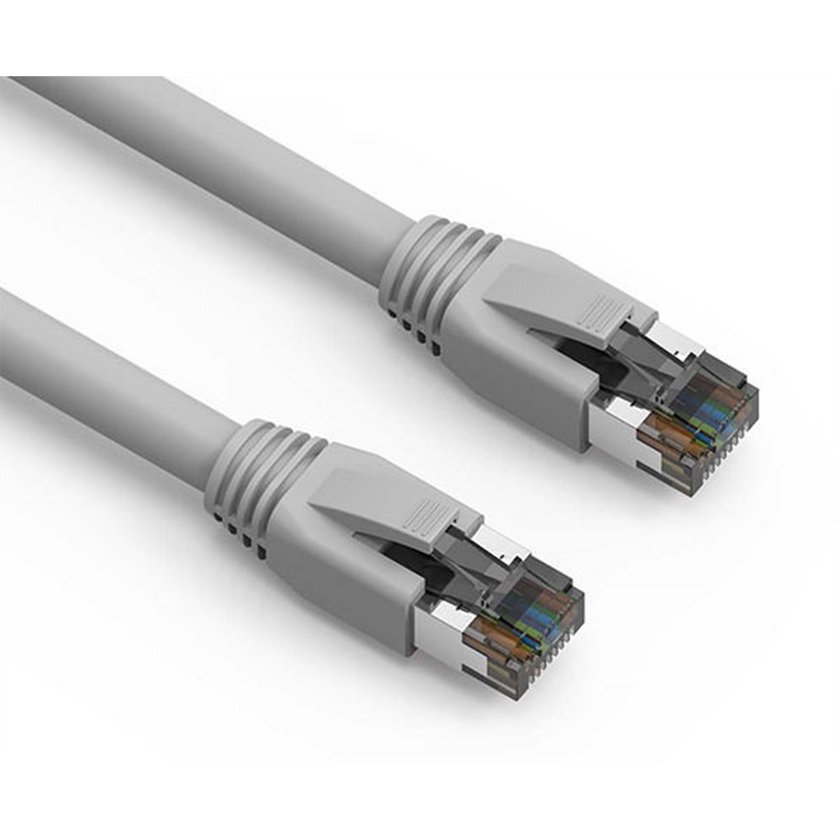 Two gray Cat8 Ethernet cables on a white background