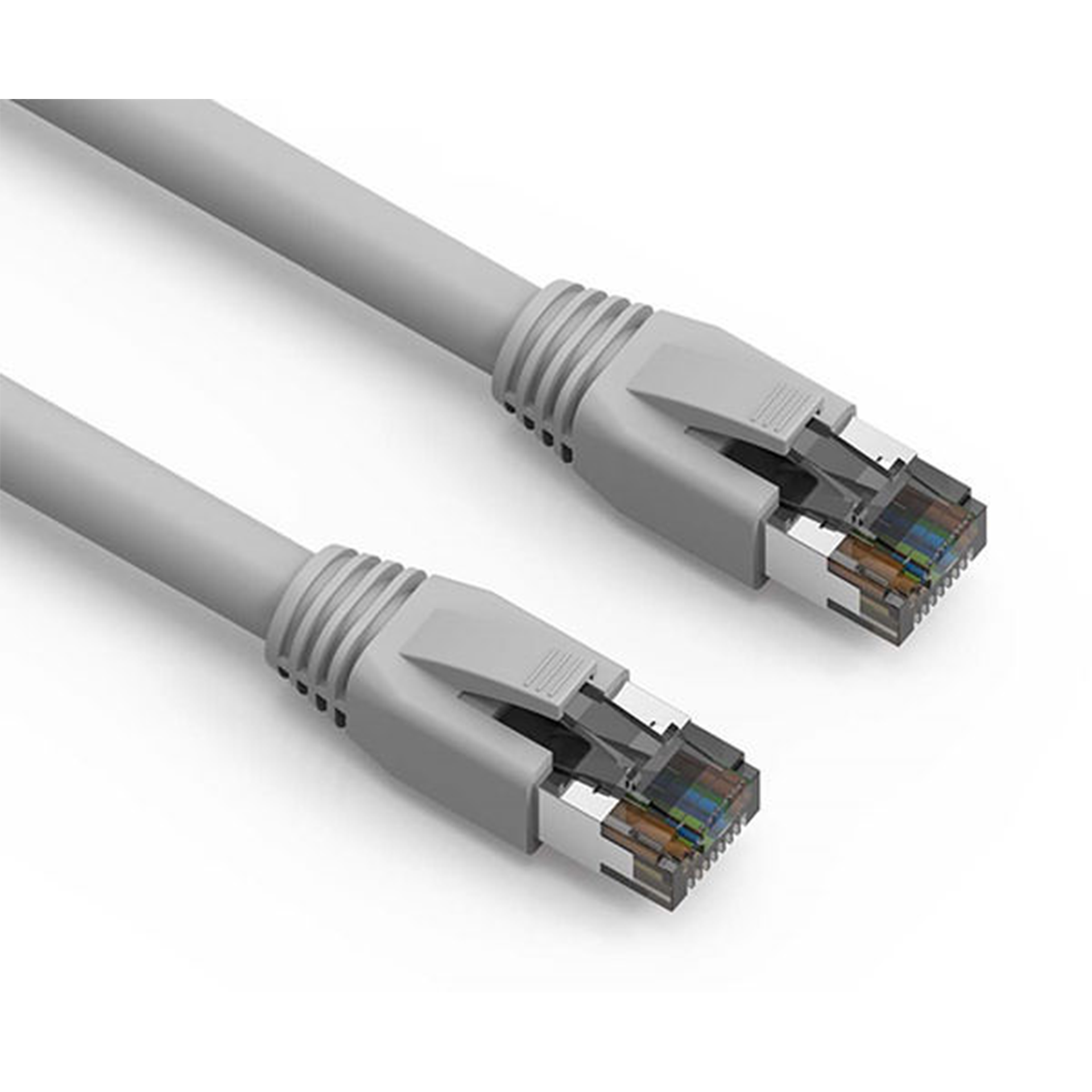 Two gray Cat8 Ethernet cables on a white background