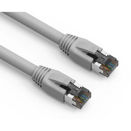 Two gray Cat8 Ethernet cables on a white background
