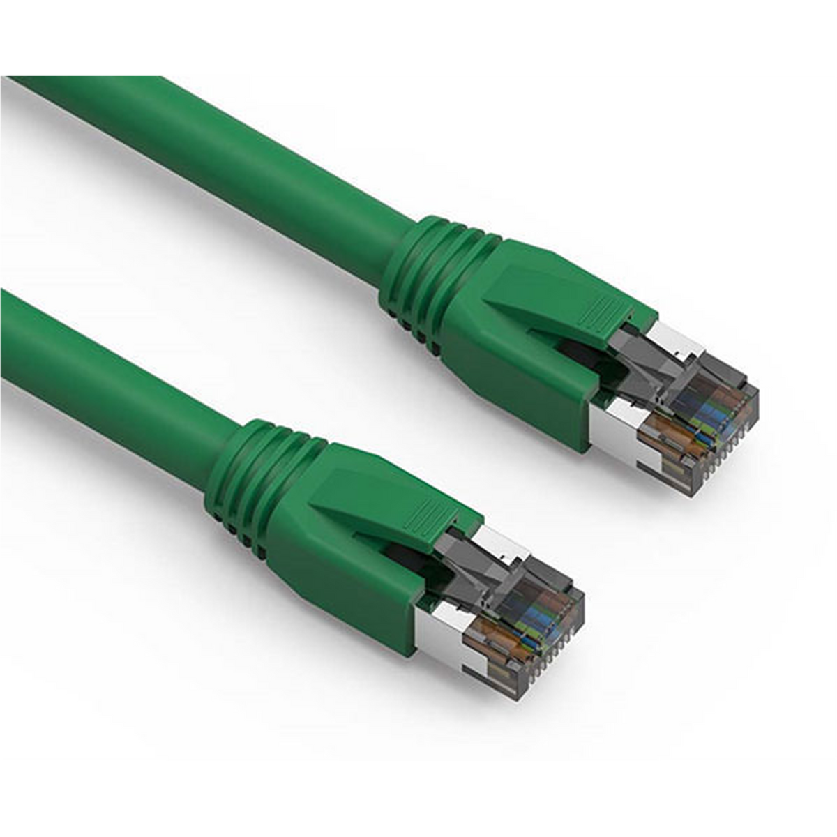 Two green Cat8 Ethernet cables on a white background
