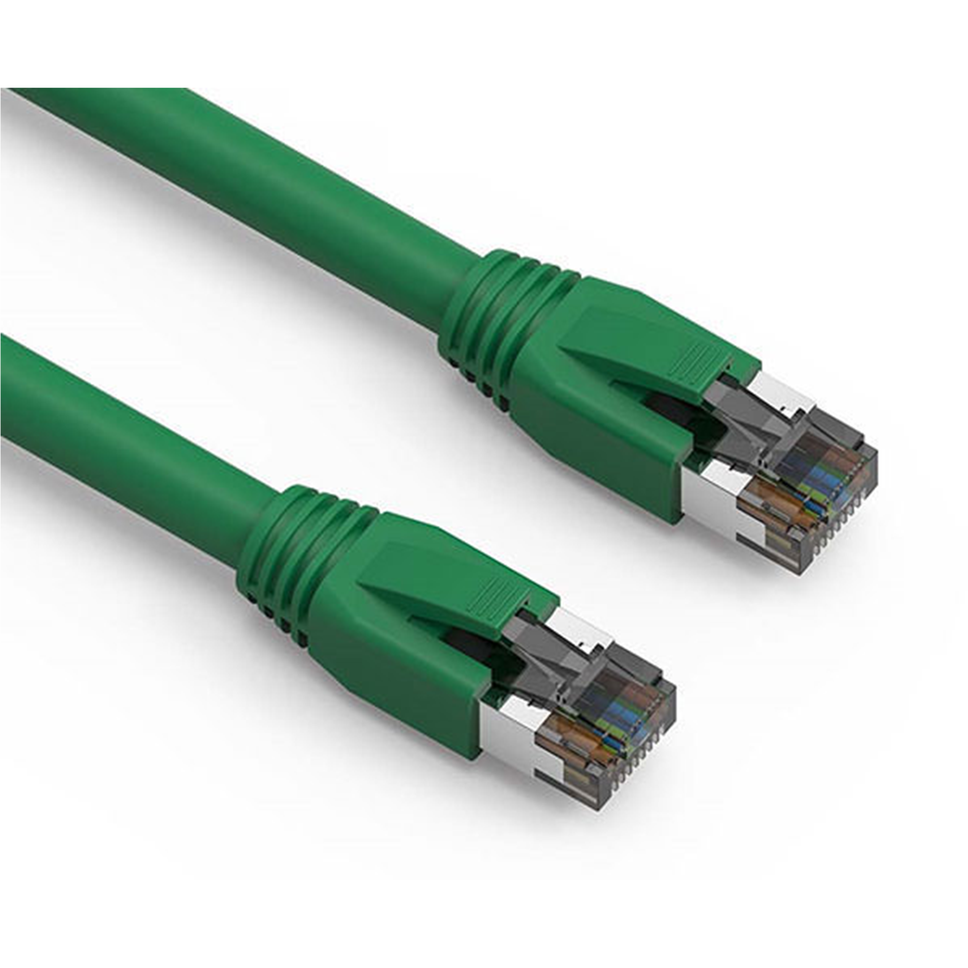 Two green Cat8 Ethernet cables on a white background