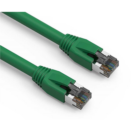 Two green Cat8 Ethernet cables on a white background