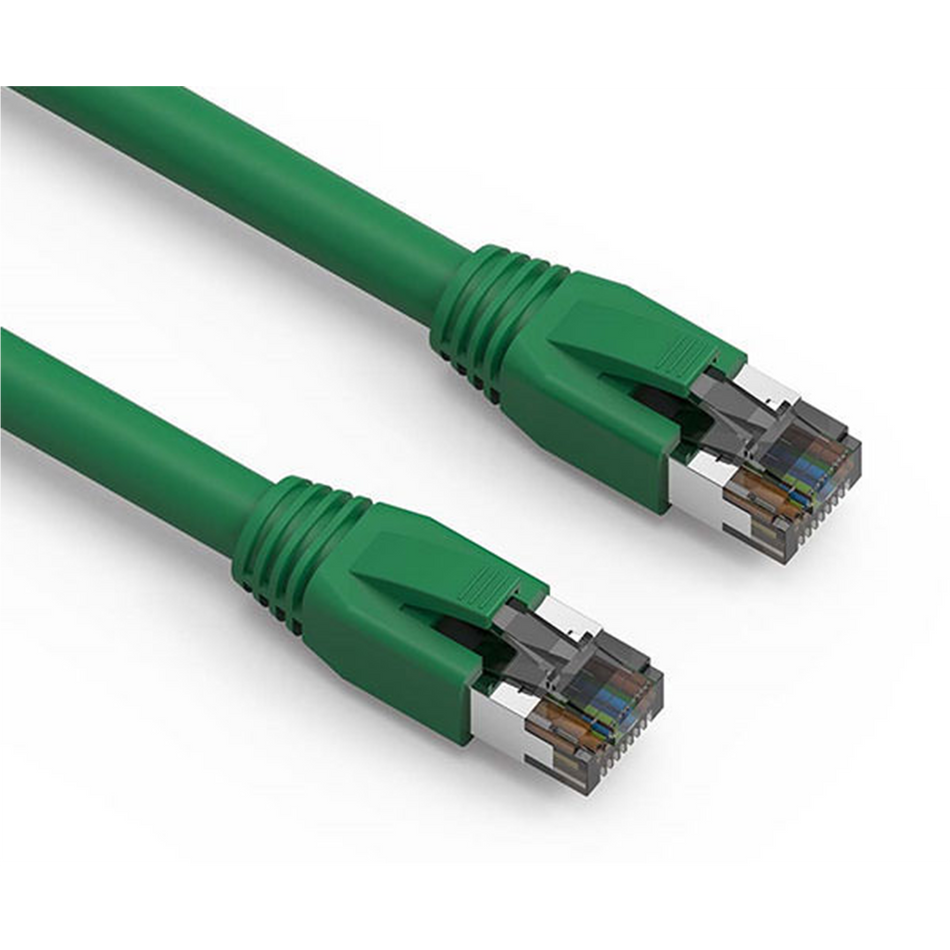 Two green Cat8 Ethernet cables on a white background