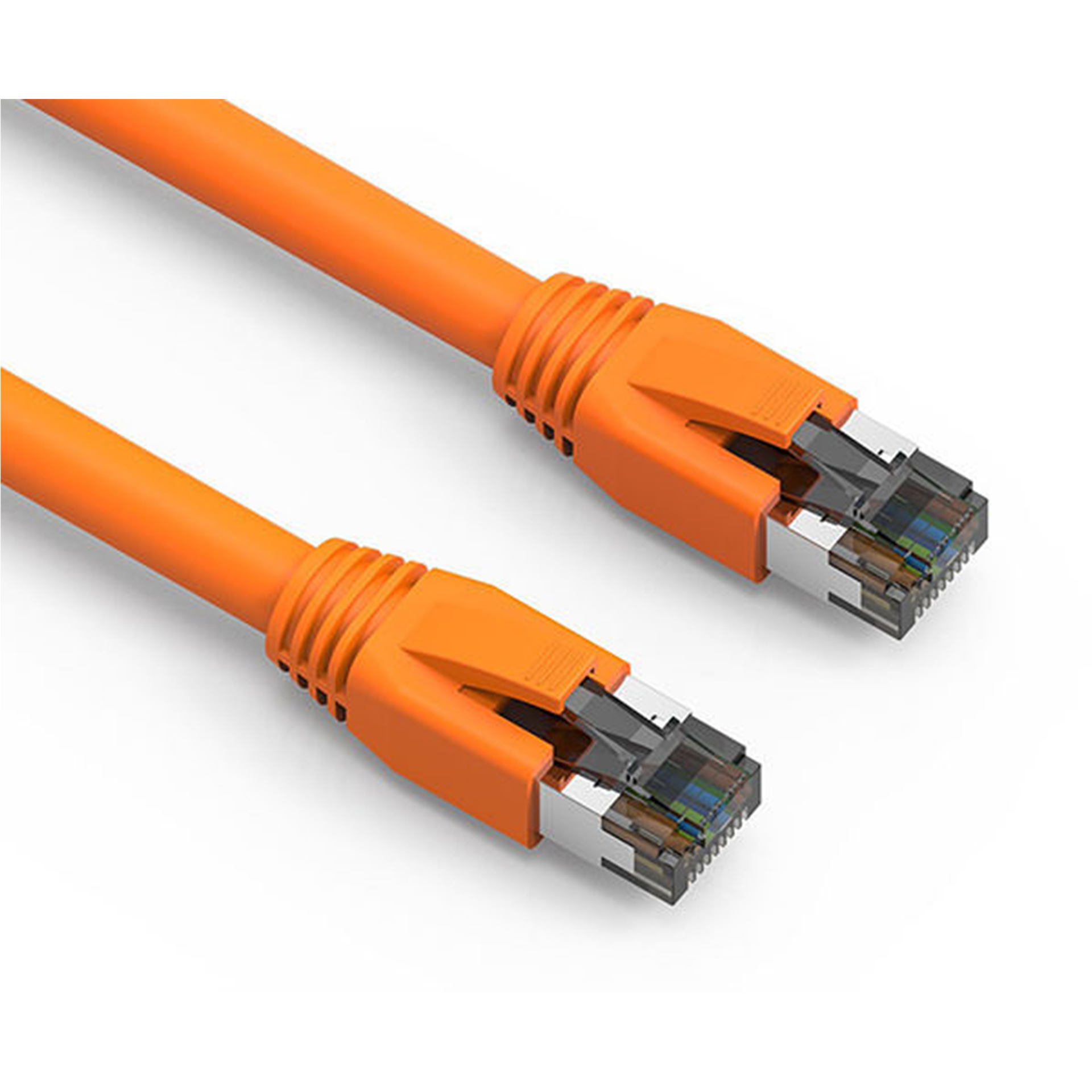 Two orange Cat8 Ethernet cables with metallic connectors on a white background