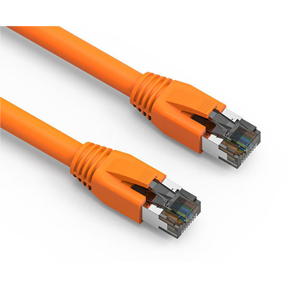 Two orange Cat8 Ethernet cables with metallic connectors on a white background