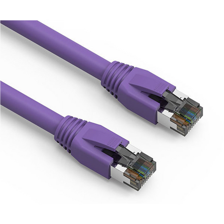 Two purple Cat8 Ethernet cables with connectors on a white background
