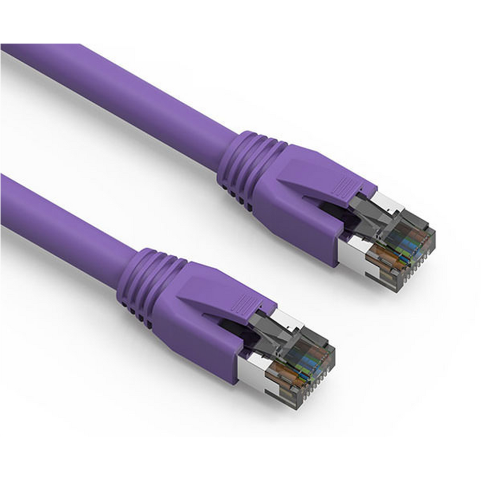 Two purple Cat8 Ethernet cables with connectors on a white background