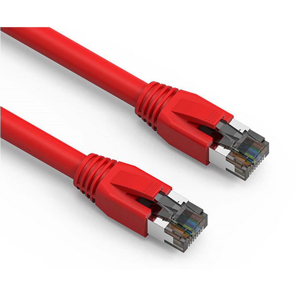 Two red Cat8 Ethernet cables on a white background