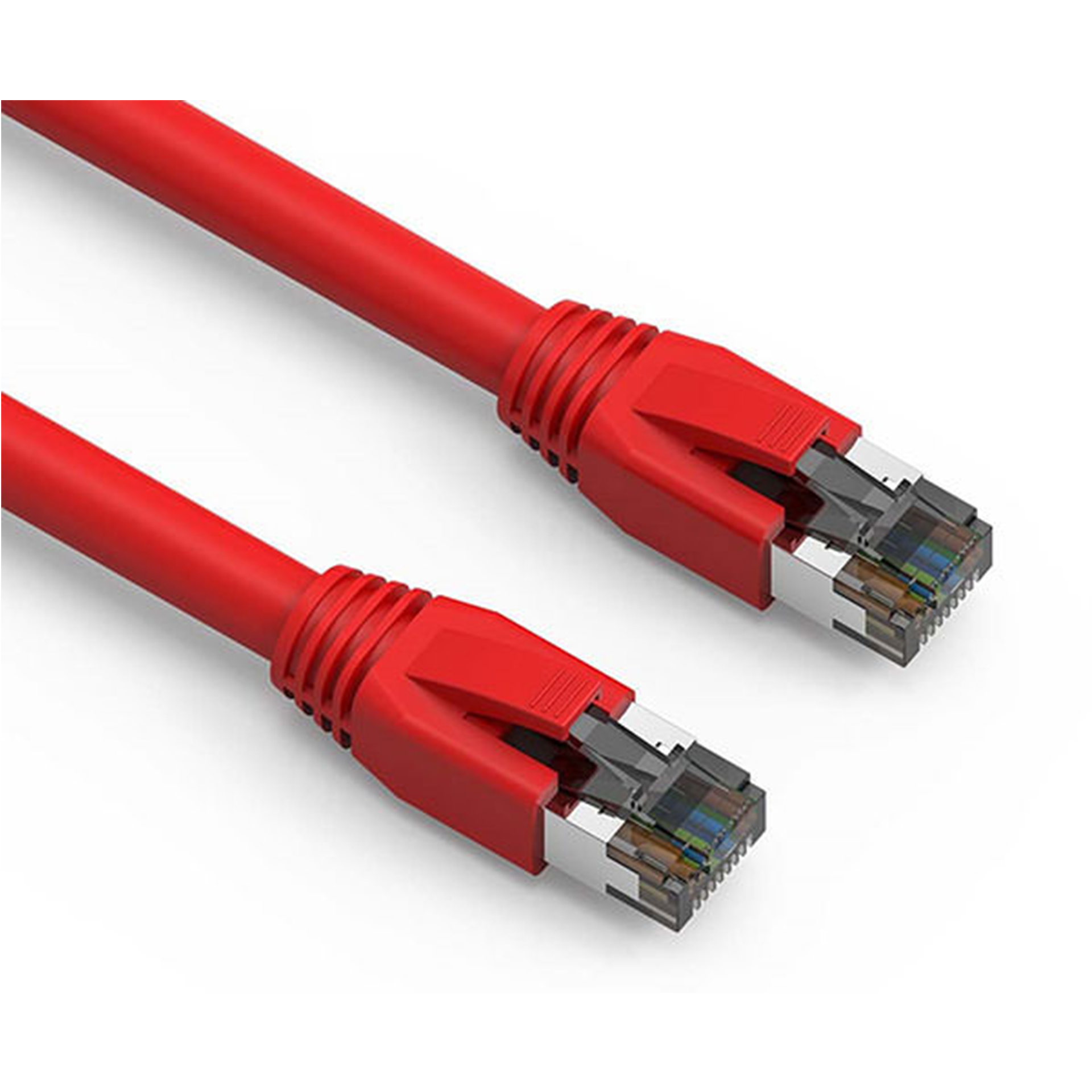 Two red Cat8 Ethernet cables on a white background