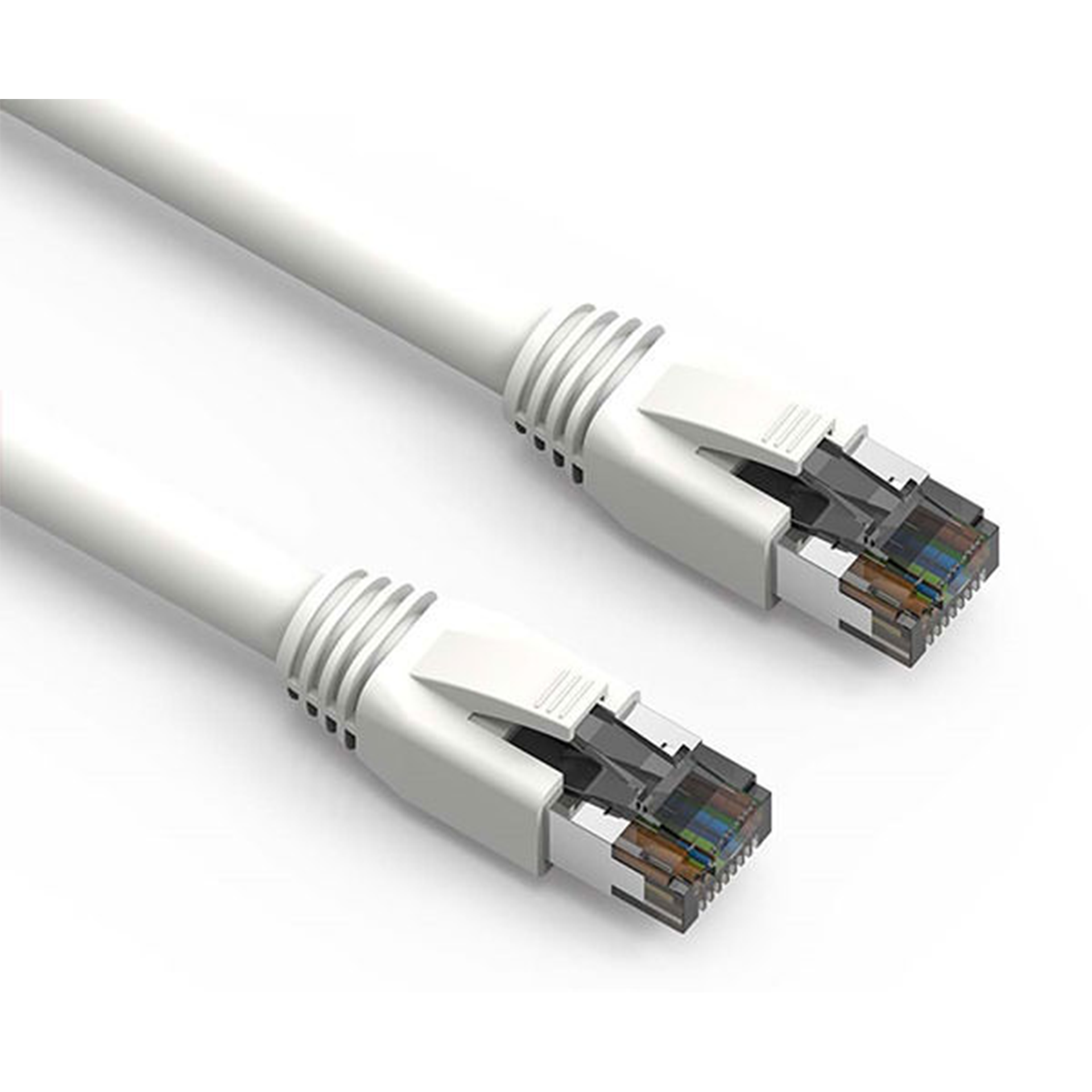 Two Cat8 Ethernet cables with connectors on a white background