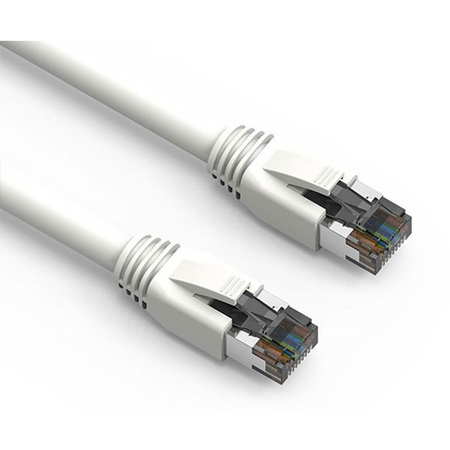 Two Cat8 Ethernet cables with connectors on a white background