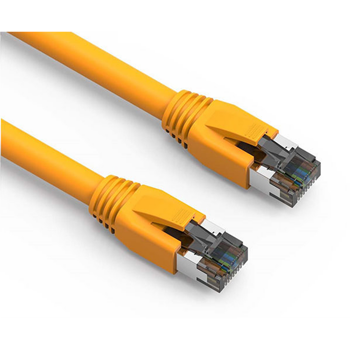 Two yellow Cat8 Ethernet cables with metallic connectors on a white background