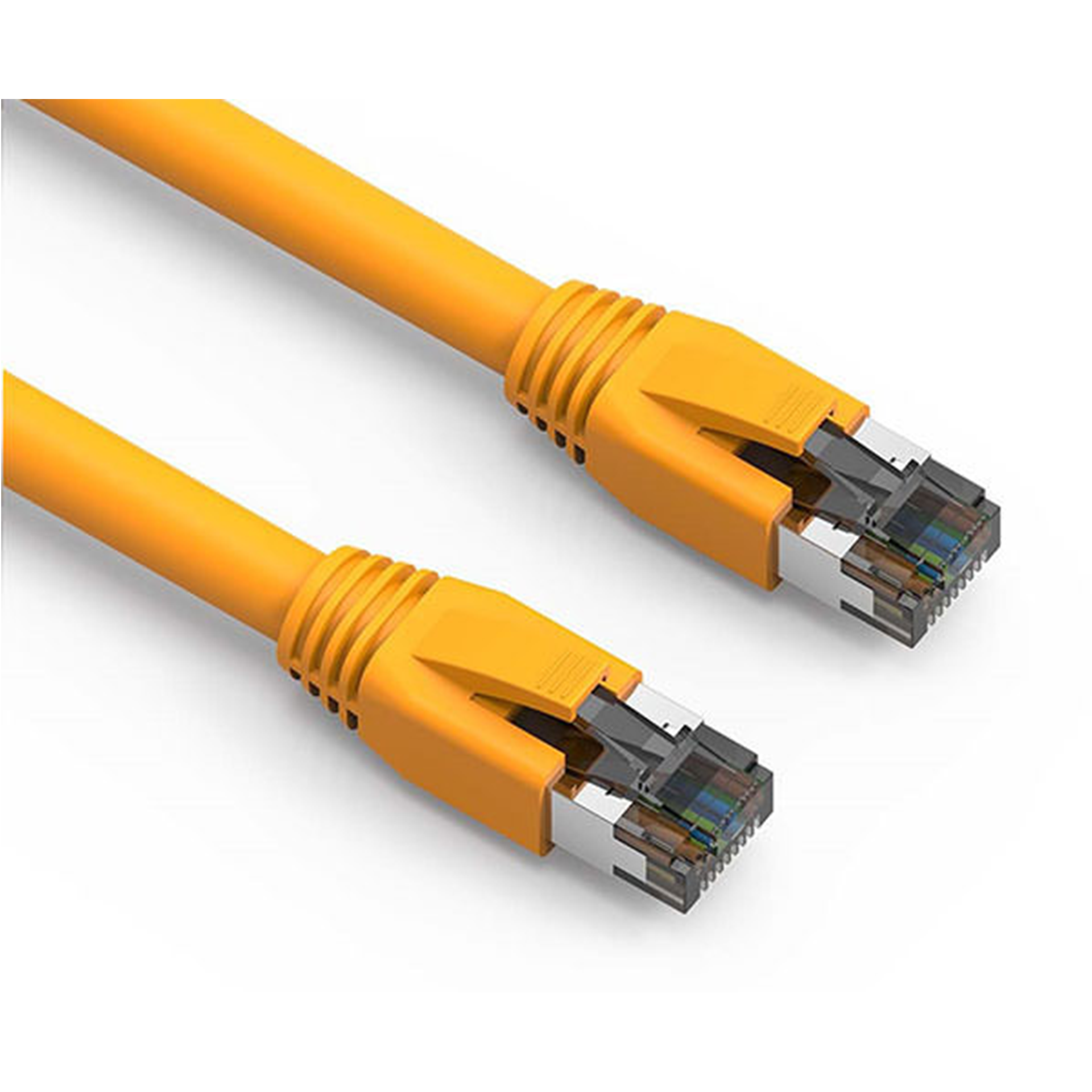 Two yellow Cat8 Ethernet cables with metallic connectors on a white background