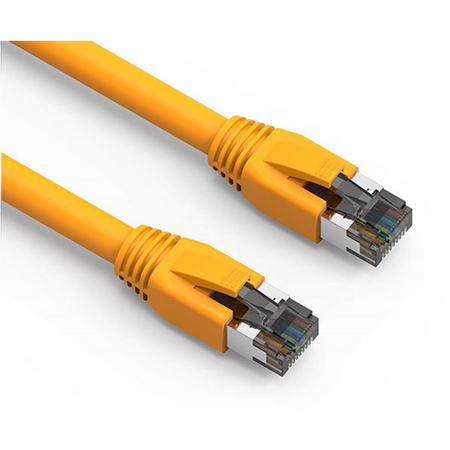 Two yellow Cat8 Ethernet cables with metallic connectors on a white background