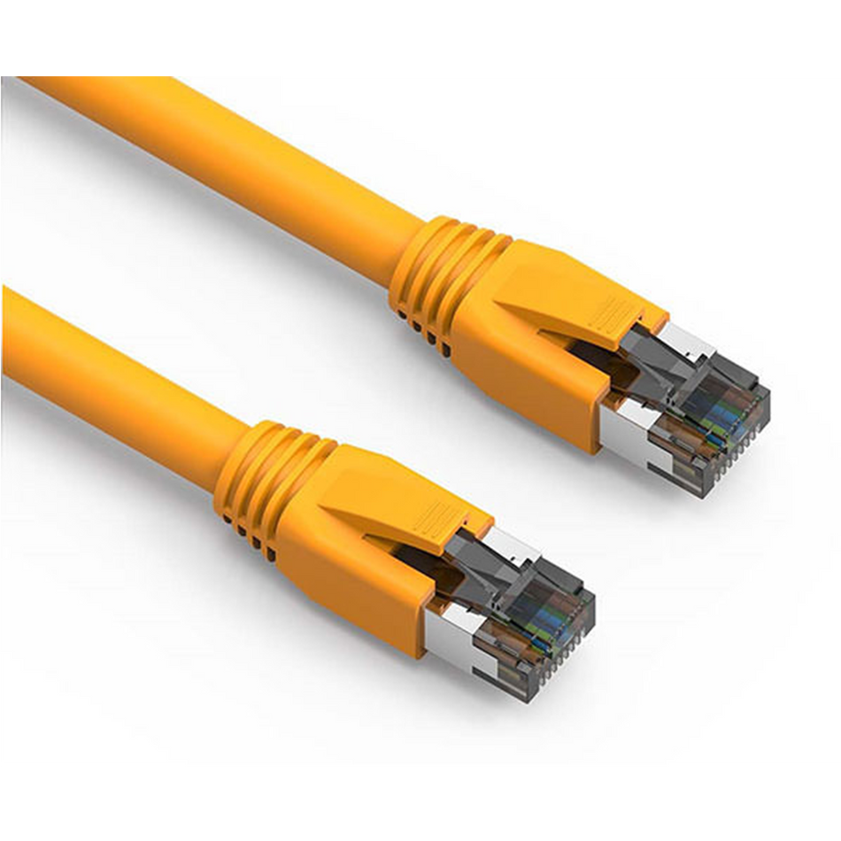 Two yellow Cat8 Ethernet cables with metallic connectors on a white background