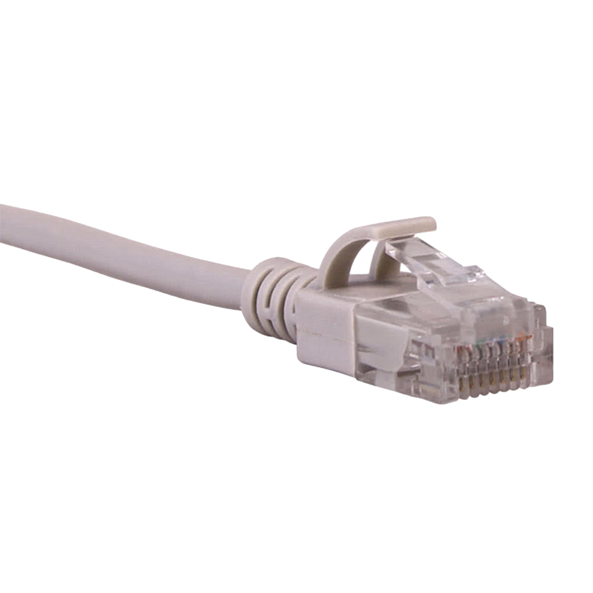 Gray Cat6 slim Ethernet cable with clear connector on a white background