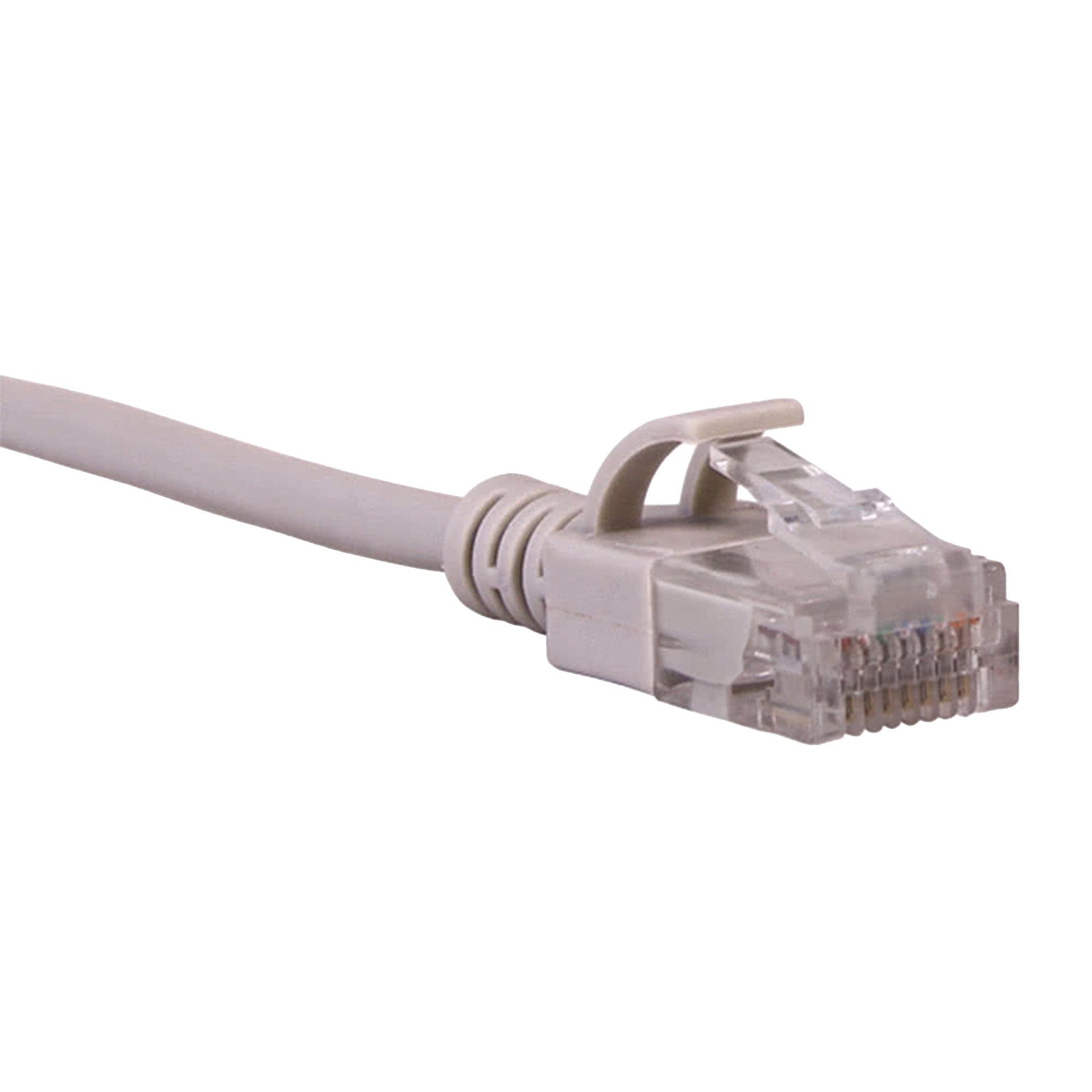 Gray Cat6 slim Ethernet cable with clear connector on a white background