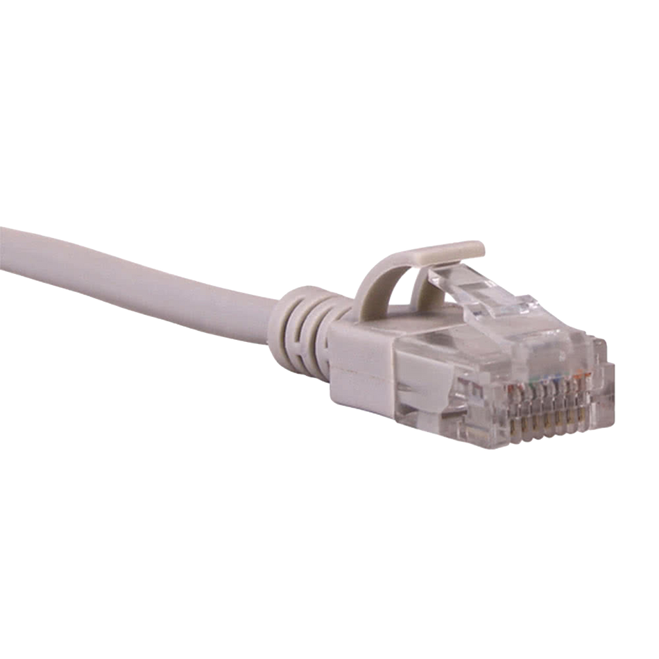 Gray Cat6 slim Ethernet cable with clear connector on a white background