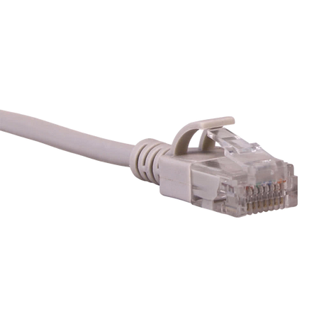 Gray Cat6a slim cable with clear connector on a white background