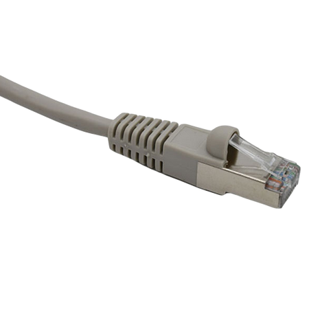Gray Cat5e shielded Ethernet cable with connector on a white background