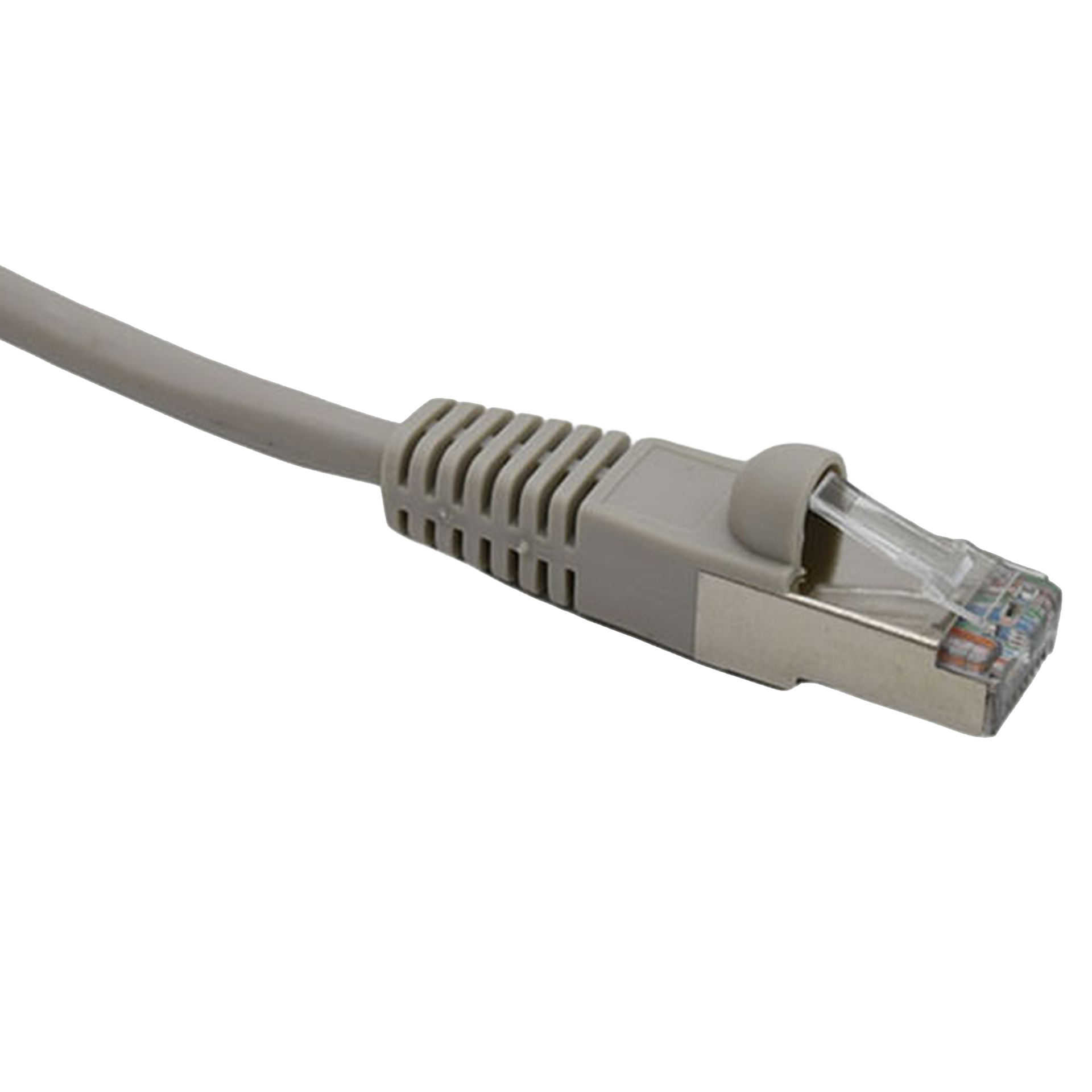 Gray Cat5e shielded Ethernet cable on a white background