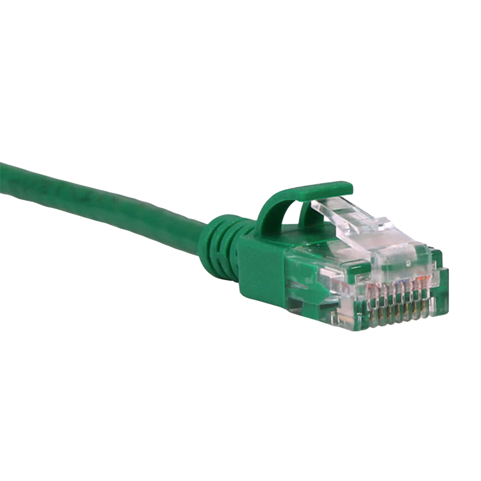 Green Cat6a slim Ethernet cable with clear connector on a white background