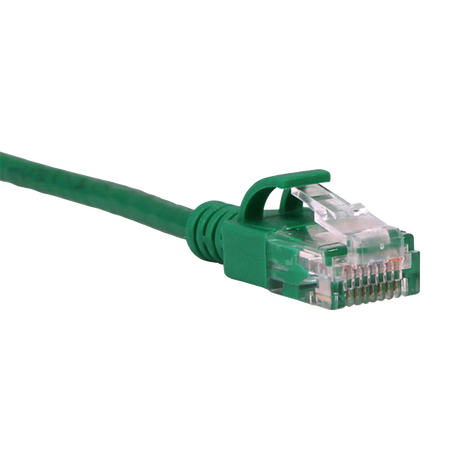 Green Cat6a slim Ethernet cable with clear connector on a white background