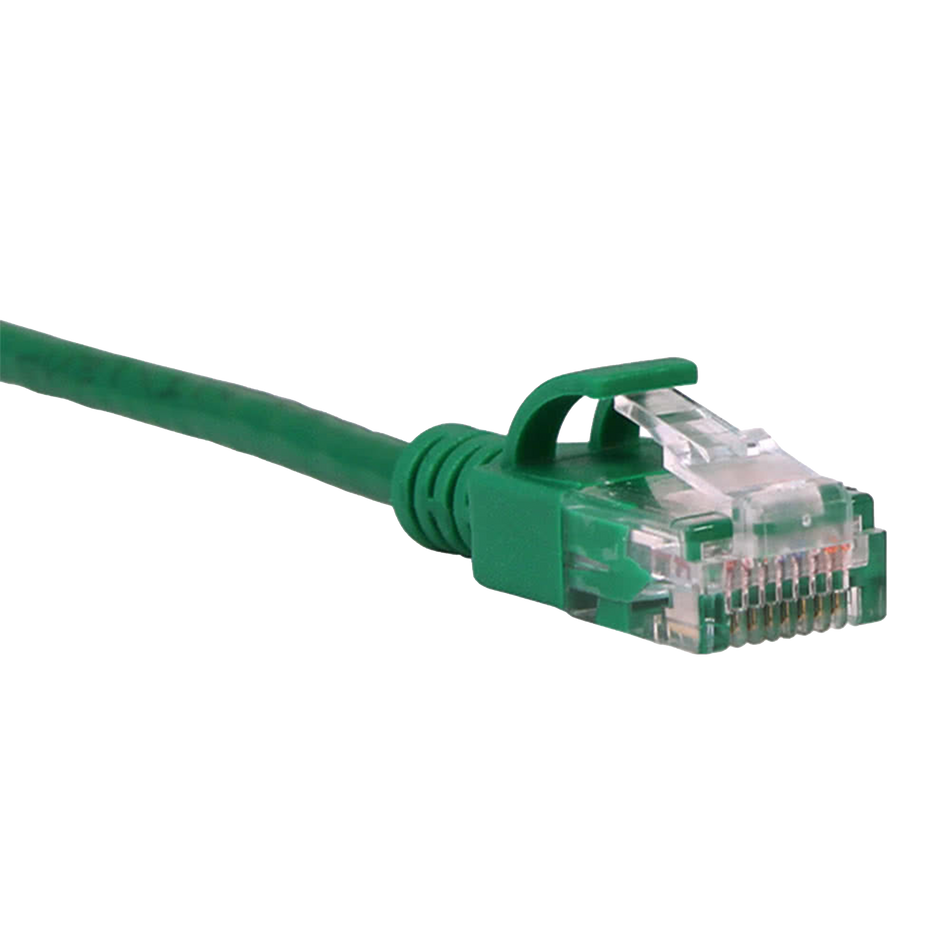 Green Cat6a slim Ethernet cable with clear connector on a white background