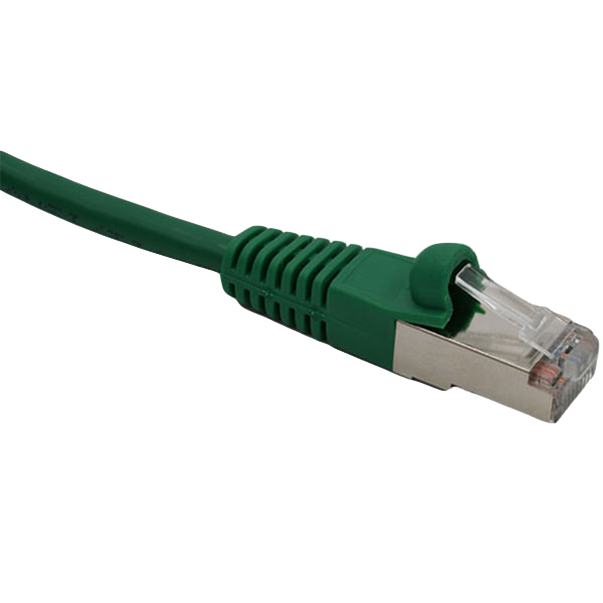 Green Cat6 double-shielded Ethernet cable with metal connector on a white background