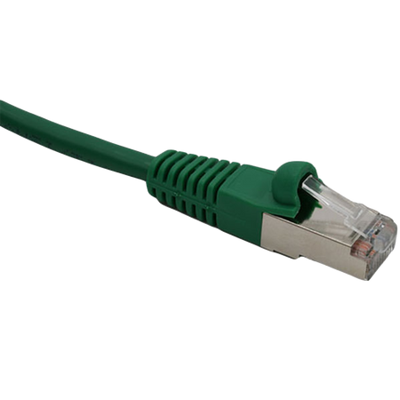 Green Cat6 double-shielded Ethernet cable with metal connector on a white background