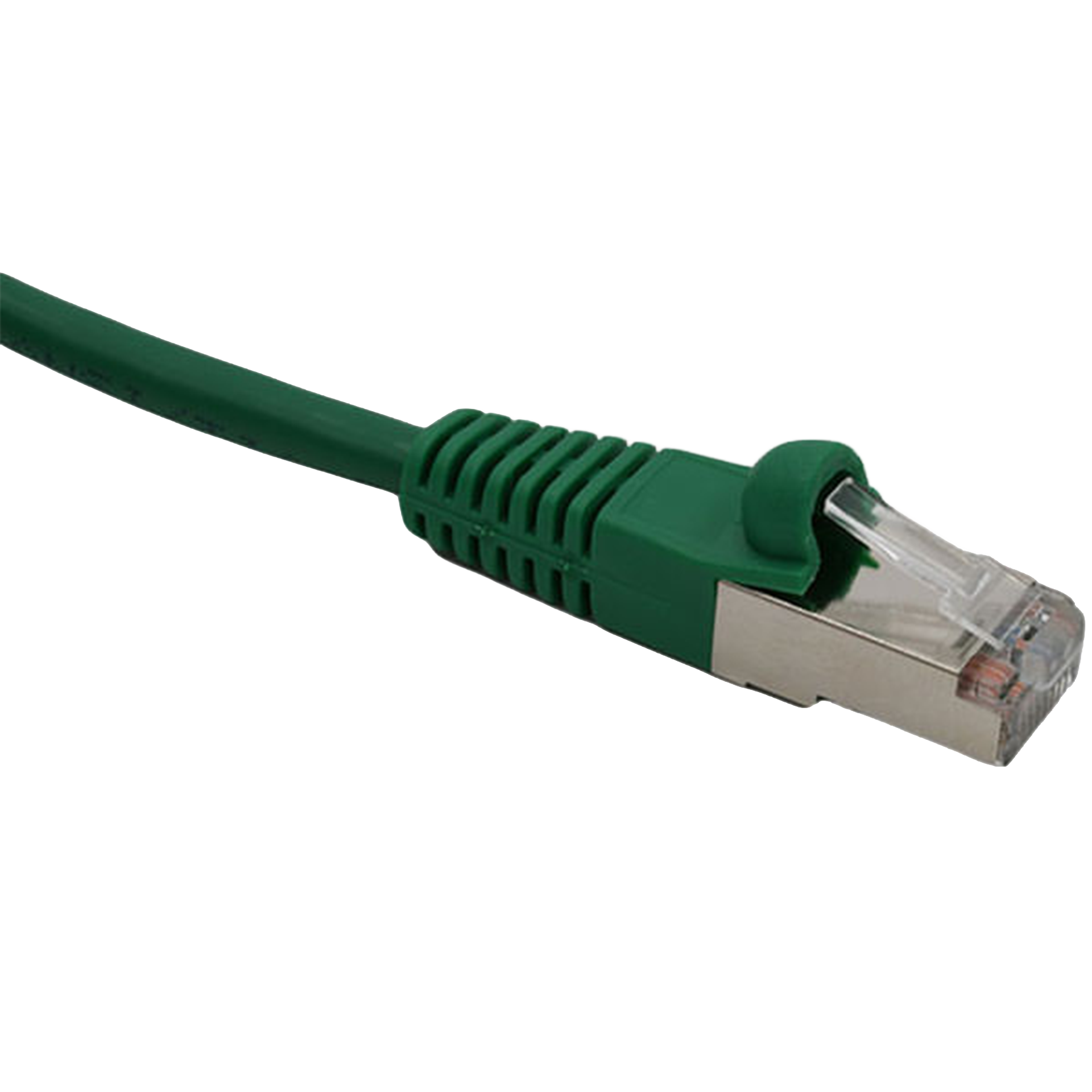 Green Cat5e shielded Ethernet cable with clear connector on a white background