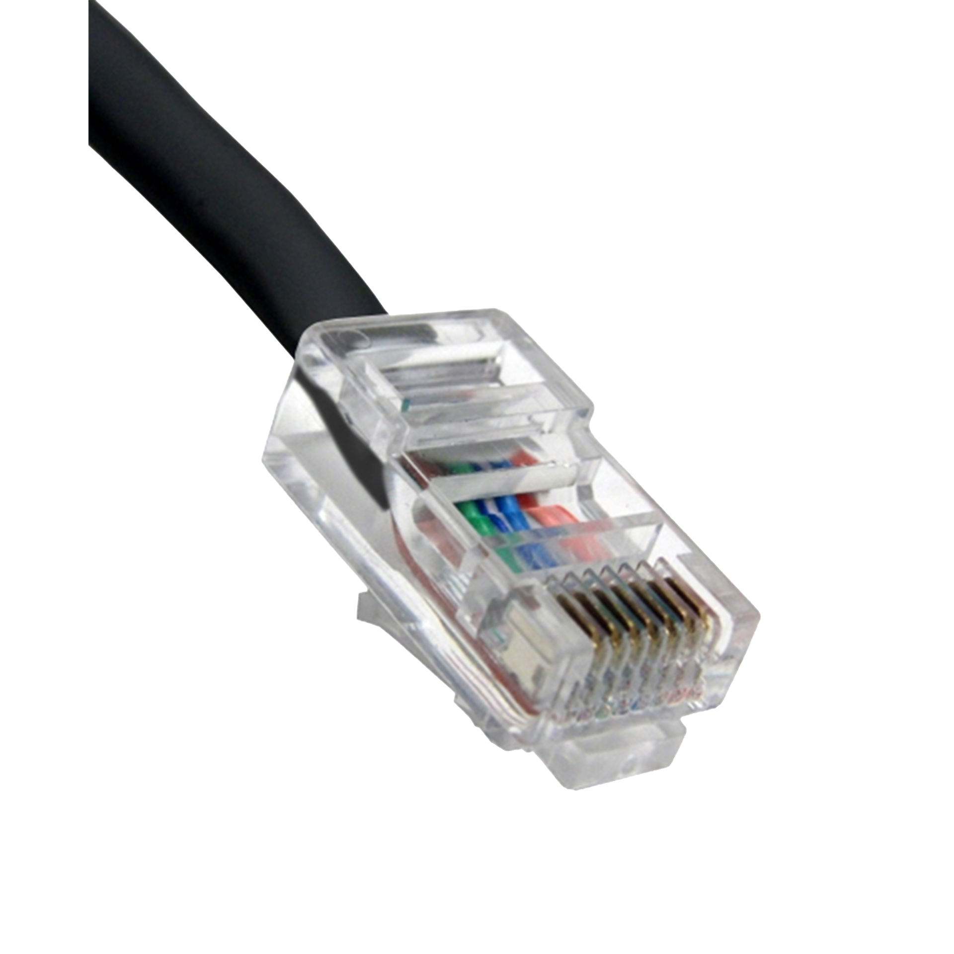 Close-up of a black Ethernet cable on a white background