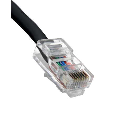 Close-up of a black Ethernet cable on a white background