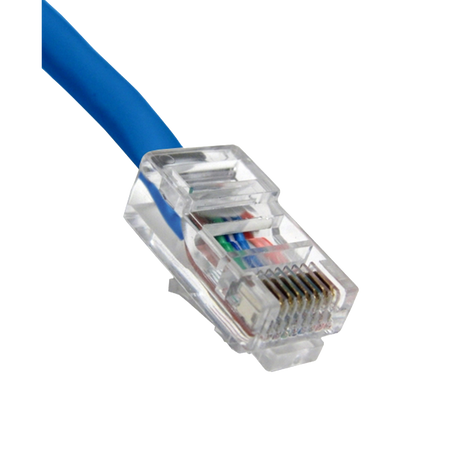 Close-up of a blue Ethernet cable on a white background