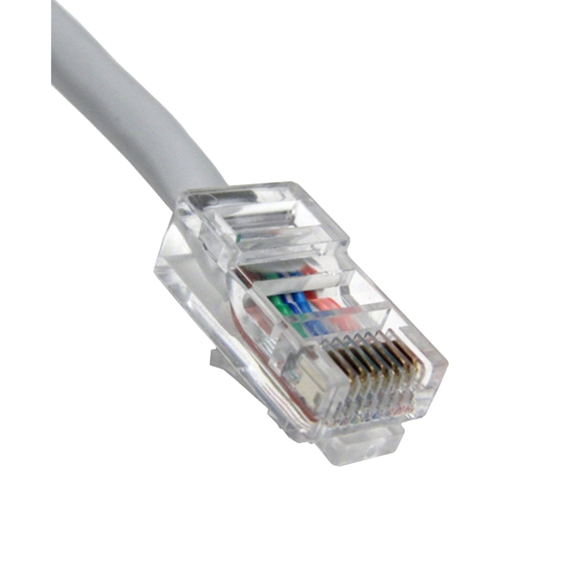 Close-up of a gray Cat5e Ethernet cable connector on a white background