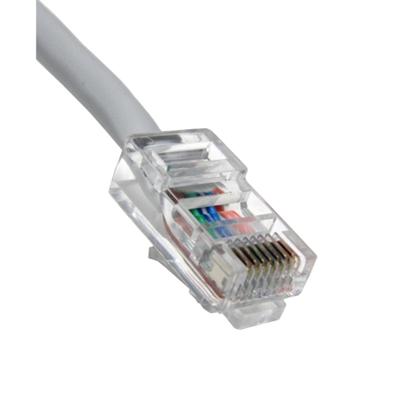Close-up of a gray Ethernet cable on a white background