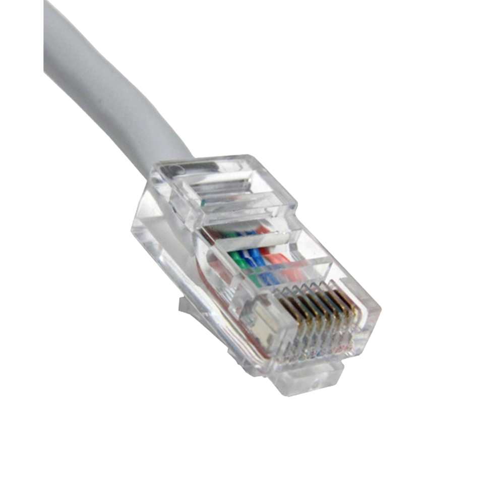 Close-up of a gray Ethernet cable on a white background