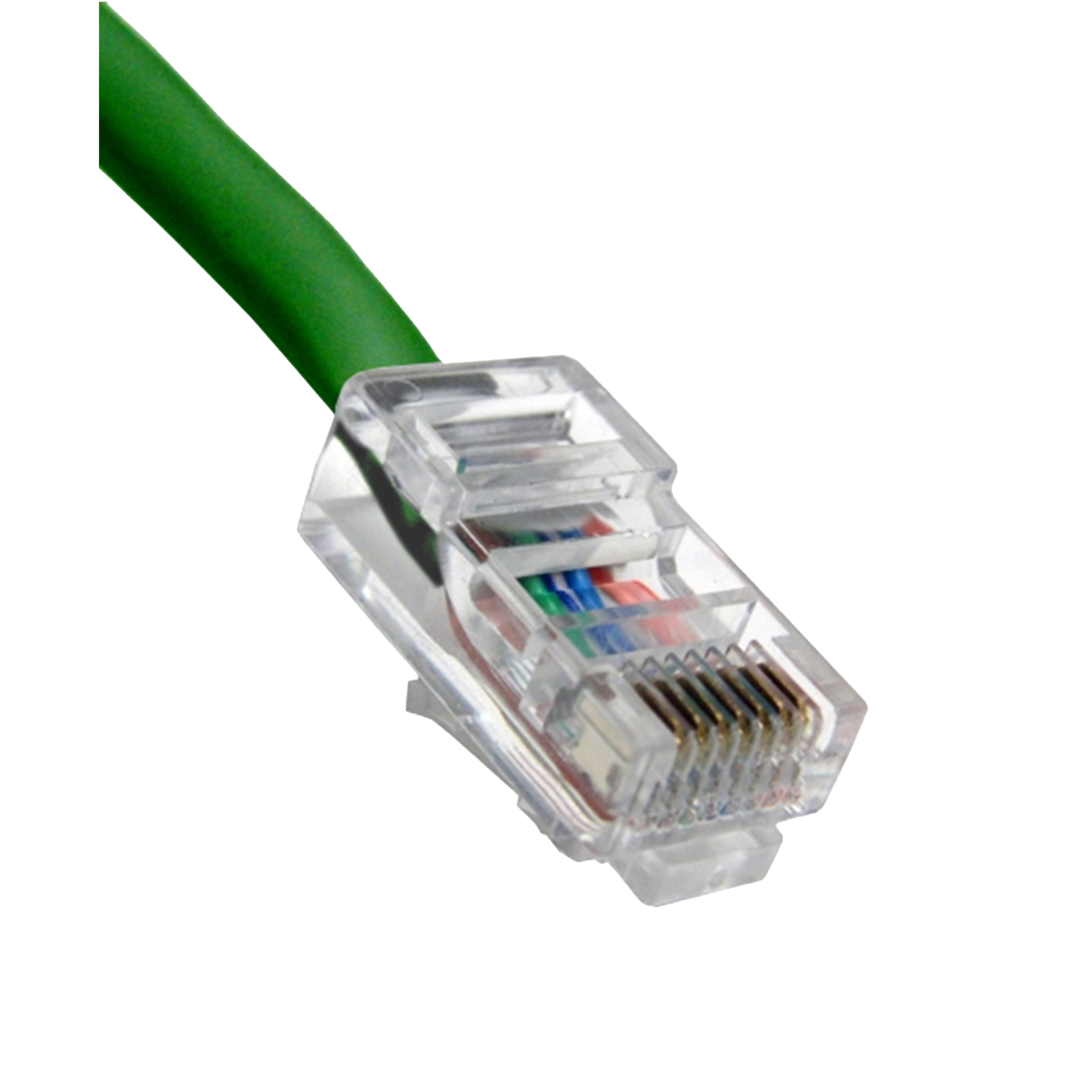 Green Cat5e Ethernet cable with clear connector on a white background