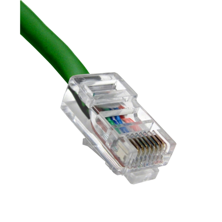 Green Cat5e Ethernet cable with clear connector on a white background