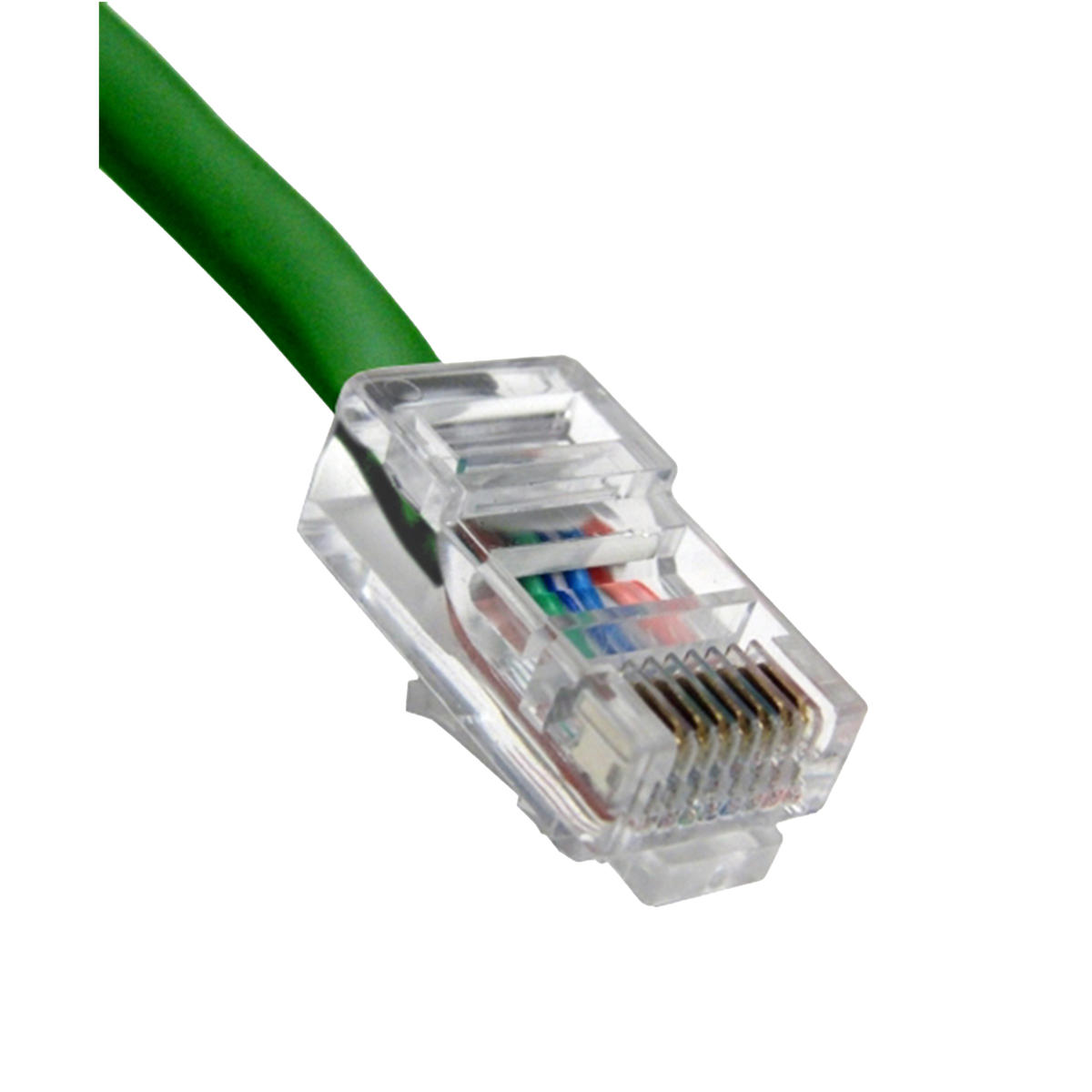 Green Ethernet cable with clear connector on a white background